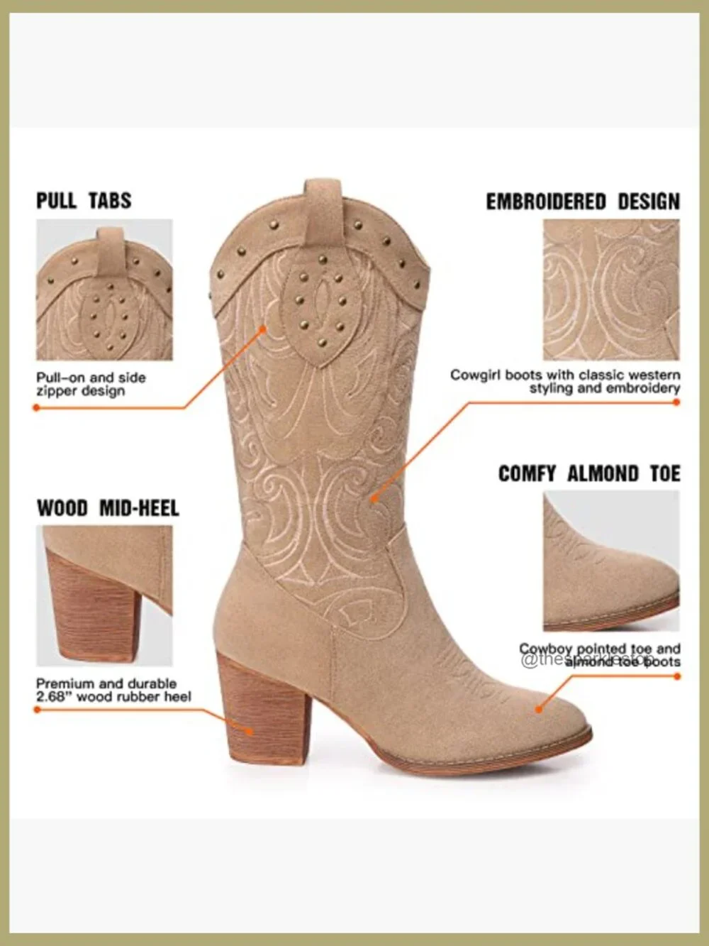 Mid Calf Cowboy Boots with Embroidered Detail & Chunky Heel - Picture 4 of 7